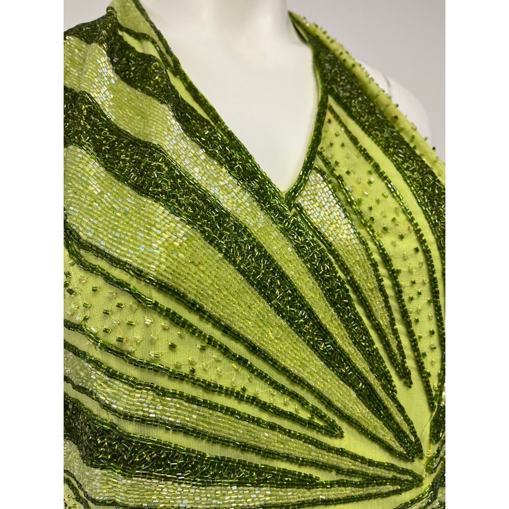 Vintage Caché Silk Beaded Halter Evening Gown Lime Green Y2K Formal Dress Large - Picture 4 of 10